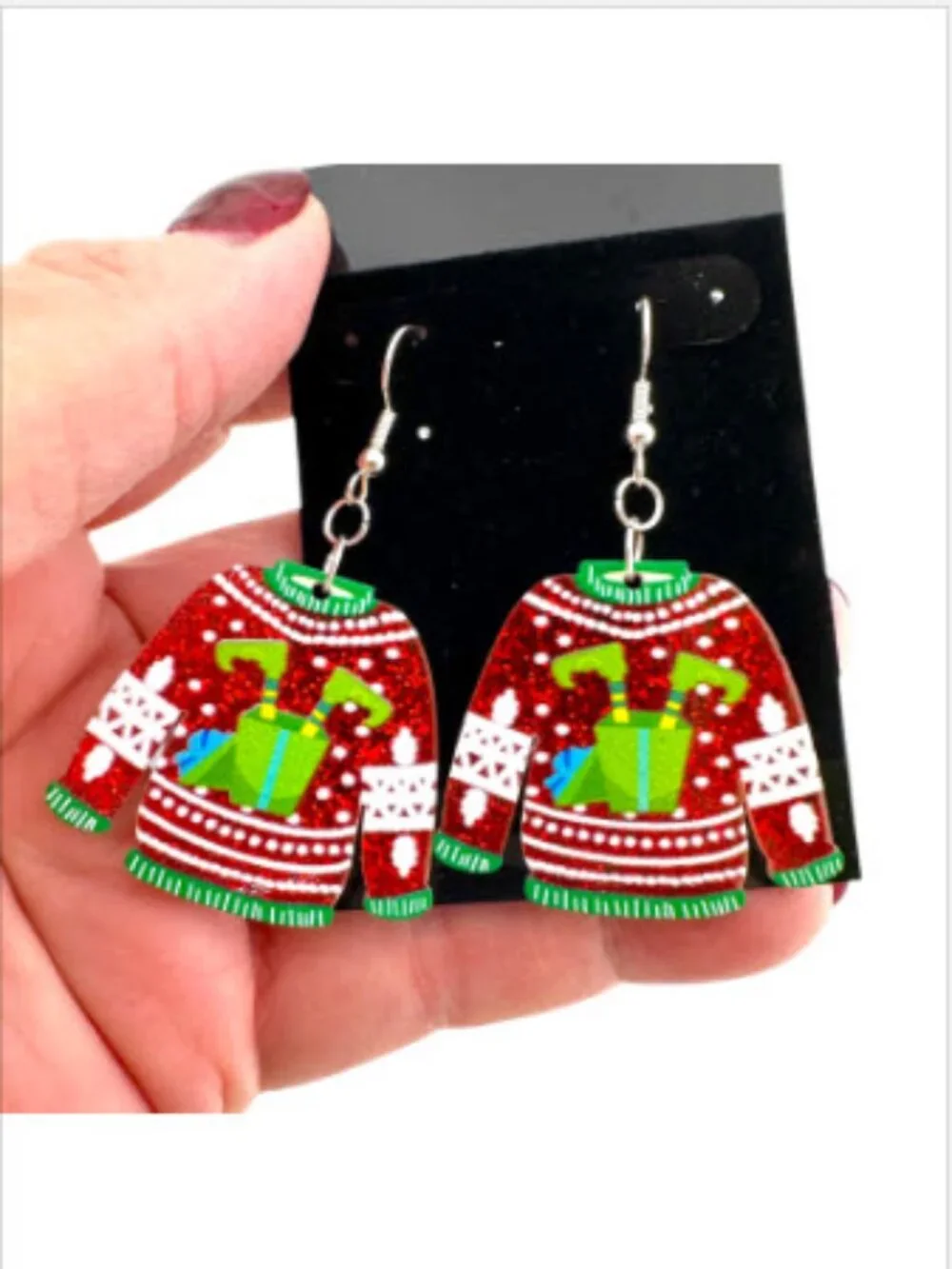 Ugly Elf Sweater Earrings Red Glitter Christmas Holiday Party Dangle Gift